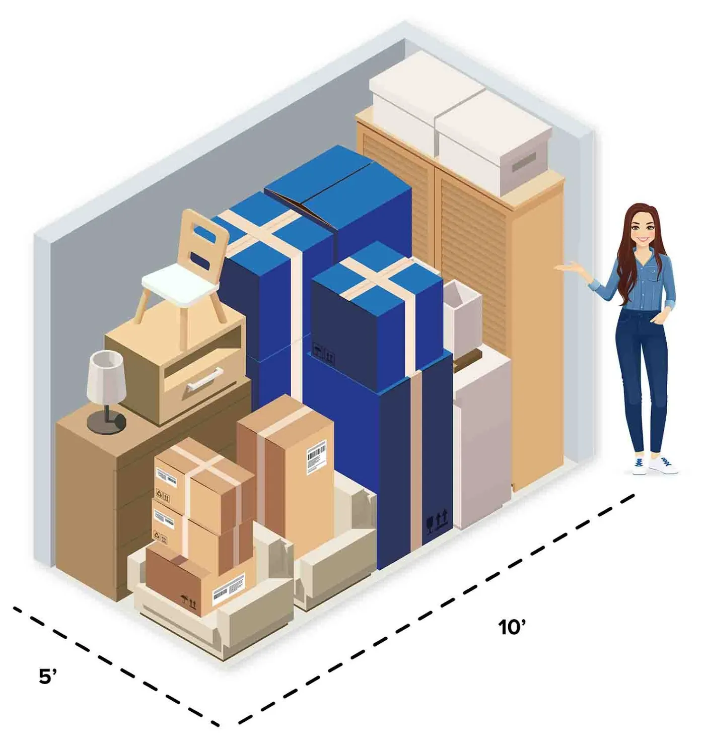 5x10 or 50 sq. ft. Think of this storage unit as equivalent to a walk-in closet.   Items that you can store in a 5x10 storage unit include:  A bed or couch A bicycle or two Several boxes A dresser or bookshelf Small kitchen appliances  This unit size is ideal for those who need a short-term storage rental for the contents of a one-bedroom or studio apartment.